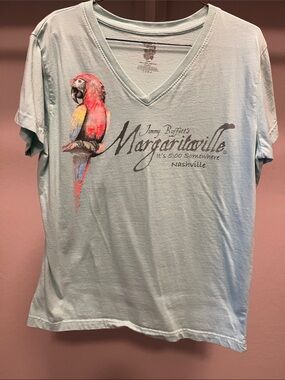Margaritaville Light Aqua Tee with Pink and Yellow Parrot Graphic